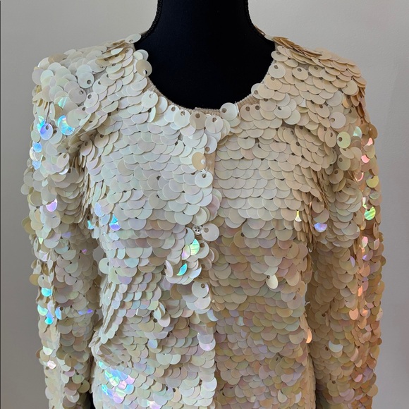 Norma Kamali Vintage 1980 Pailette Sequin Cream Iridescent Cardigan size Medium - Picture 7 of 13